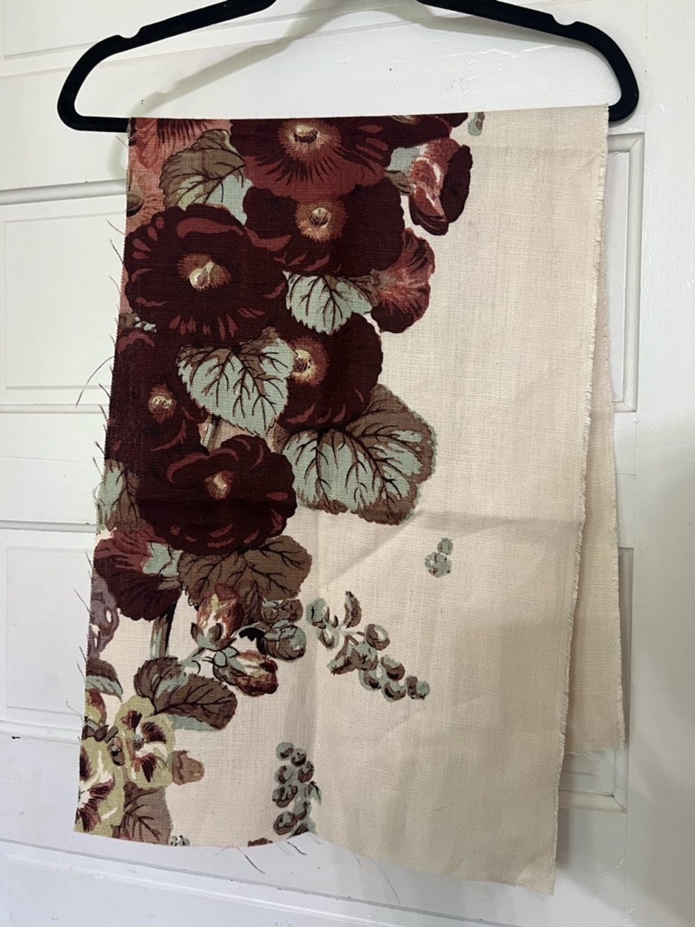 Jean Monro Hollyhock Handblock fabric Aubergine/Mint hand made of 100% linen